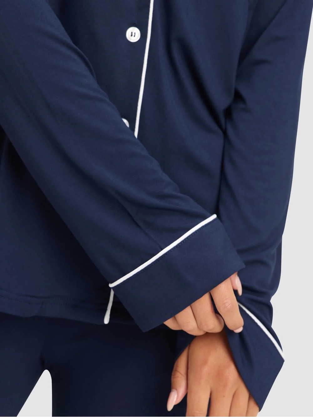 Cozy Earth Navy Blue Pajama Top White Piping Button Down Lounge Sleepwear - Picture 3 of 9
